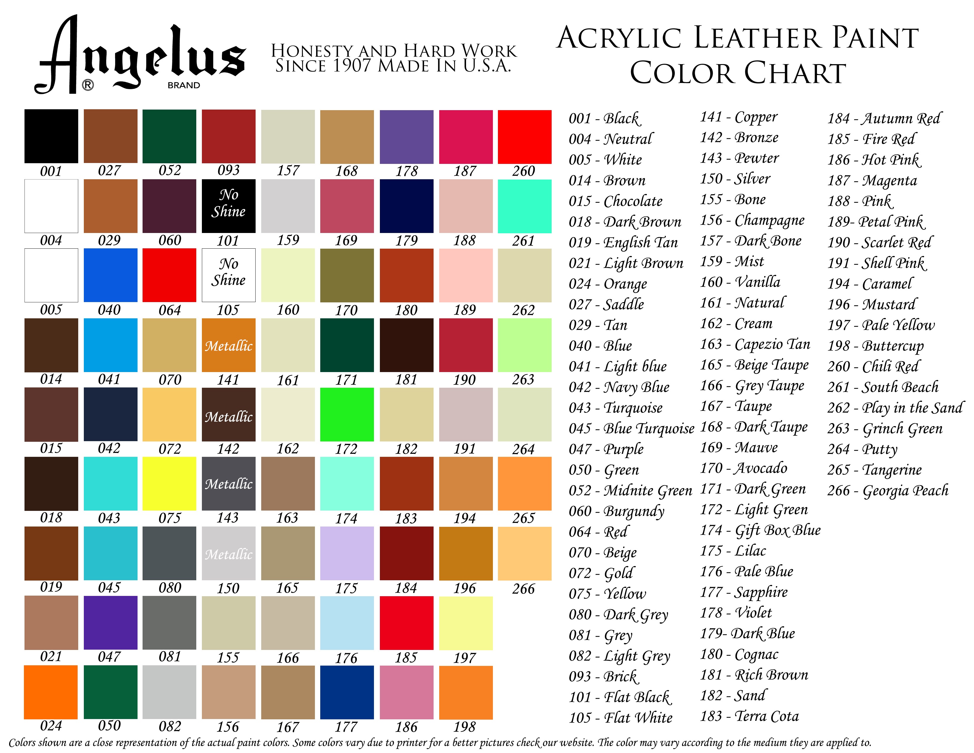 angelus acrylic leather paint color chart